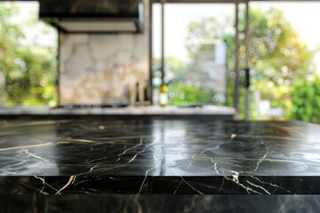 Dark marble table top on blurry kitchen background for product display and interior design concept