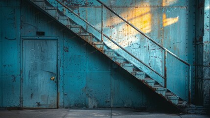 Industrial Staircase with Rusty Blue Door and Wall
