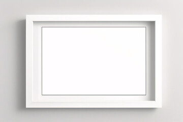 Marco vertical rectangular ligero y delgado colgado en una pared con textura blanca, plano, vista superior, ilustración 3D.
