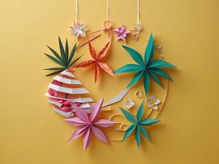Obraz premium Hello, summer, with decoration origami hanging on a yellow background. Paper art and craft style