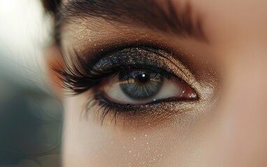 Close-up of a woman's eye with immaculate makeup and full lashes.