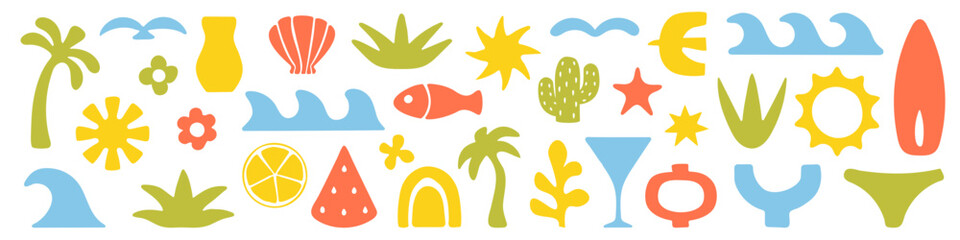 Summer groovy shapes. Beach naive elements.