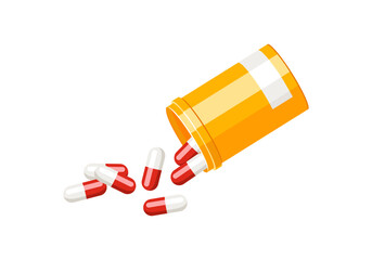 Pills spilling out of pill bottle. Vector cartoon flat illustration of open container for medication. 