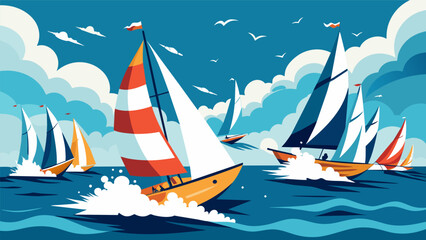 A flurry of sails and spray surrounds the sailboats as they battle for first place in the regatta.. Vector illustration