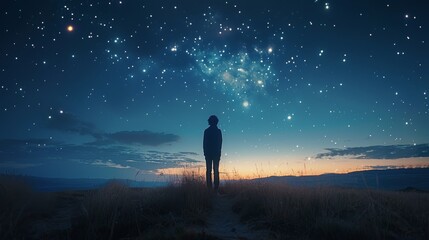 Man Standing on Hill Under Starry Night Sky - obrazy, fototapety, plakaty