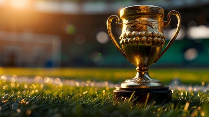 Golden winners cup in middle of soccer stadium, champion award gold cup with audience