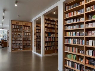 a bookstore with shelves organized by genre, with each section themed to create a unique browsing experience.