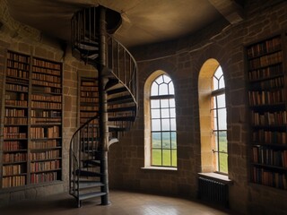 a bookstore in a castle tower, with spiral staircases leading to balconies lined with books overlooking the countryside.