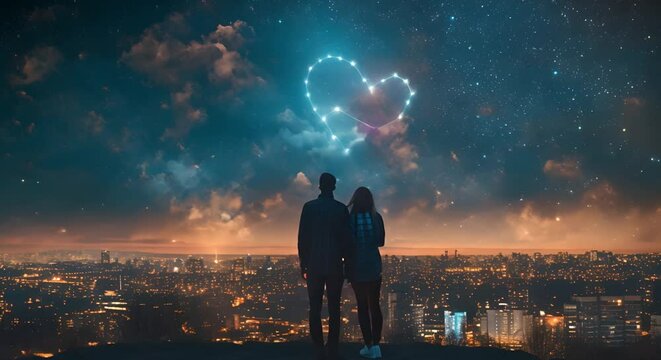 Astrological love symbols in starry sky over city representing love horoscopes . Concept Astrology, Love Horoscopes, Starry Sky, Cityscape, Symbolism