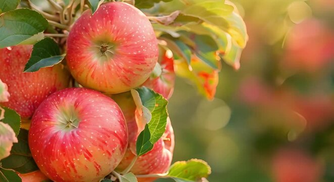 Ripe red apples on apple tree branch with green leaves in closeup. Concept Fruit Photography, Nature Close-Up, Apple Harvest, Fall Foliage, Organic Farming