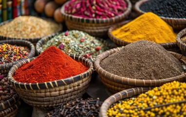 Colorful spice and herb market display with vibrant mounds and baskets.