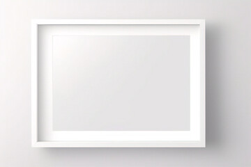 Marco vertical rectangular ligero y delgado colgado en una pared con textura blanca, plano, vista superior, ilustración 3D.
