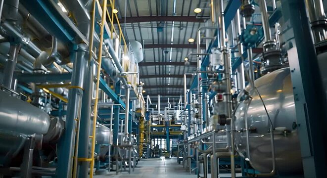 Chemical plant for polymer science with various extraction and filtration processes. Concept Polymer Science, Chemical Processes, Extraction Techniques, Filtration Methods, Industrial Chemistry