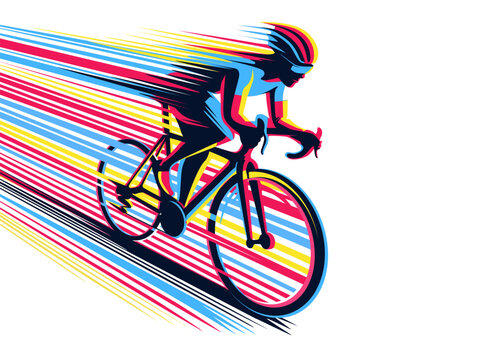 Cycling race competition poster design vector illustration. Cyclist acceleration with colorful motion trails.