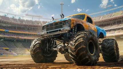 Monster truck in yellow blue tones on a dust with blue sky background,AI generated image.