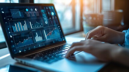 A person is typing on a laptop with a screen displaying graphs