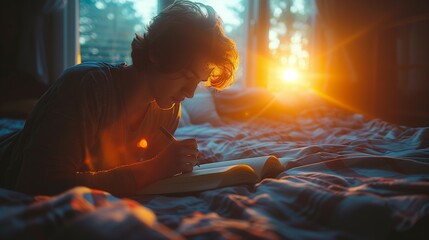 Young Caucasian man writing thoughtfully journal bed warm golden light sunrise