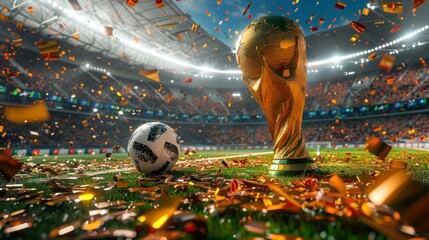 Golden champion award cup in exciting soccer stadium with animated and energetic audience