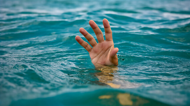 The hand of a drowning person sticking out above the water surface.