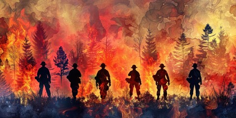 International Firefighters Day, silhouettes of a team of firefighters against the background of a burning forest, forest fires, rescue of wild animals, the concept of dangerous and risky professions