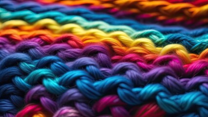 Close-up of knitted wool texture, bright colorful background