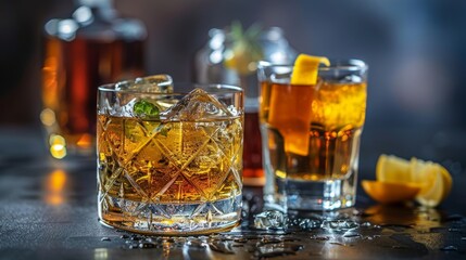 Assorted hard alcoholic spirits set. vodka, tequila, brandy, and whiskey in glasses