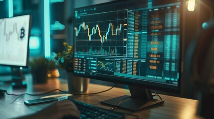 A computer monitor displays a graph of the stock market