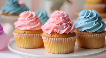 Gender Reveal Party Invitation featuring Pink and Blue Cupcakes. Concept Gender Reveal Party, Invitation Design, Pink and Blue Cupcakes, Celebration Theme