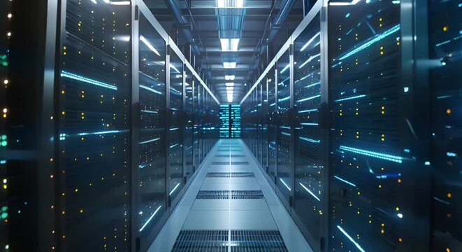 Efficient Data Processing with Fiber Optic Servers in a Technology Data Center. Concept Technology Data Center, Fiber Optic Servers, Data Processing, Efficiency, Technology Solutions