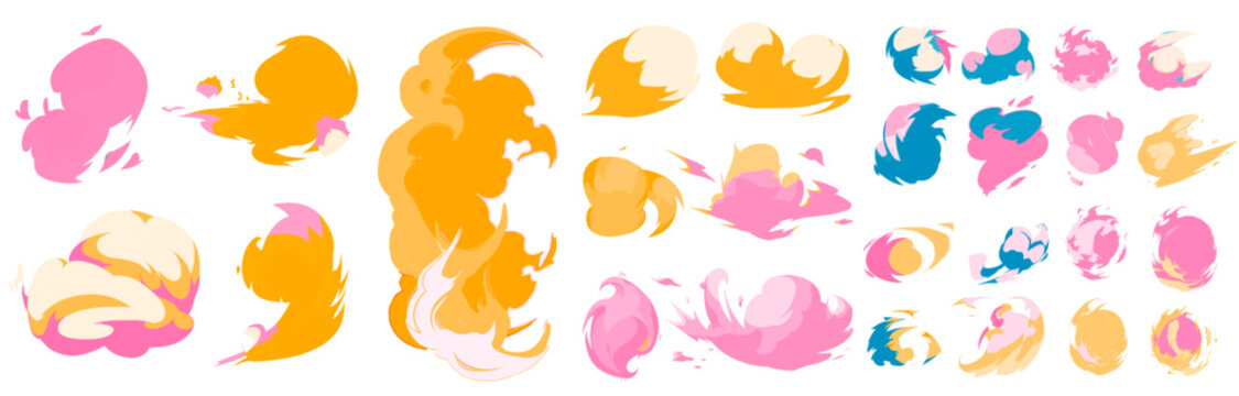 Big set of manga visual vector cartoon effects of smoke and dust clouds. Perfect for animation design, illustration, carton, anime, CG game art, tactical design, etc.