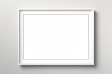 Marco vertical rectangular ligero y delgado colgado en una pared con textura blanca, plano, vista superior, ilustración 3D.
