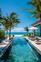 Obraz premium A luxurious poolside scene with tropical beach views wide-angle