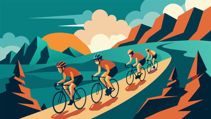 A team of riders powering through a rocky mountain pass their legs pumping as they overcome the challenging terrain.. Vector illustration