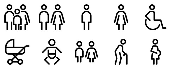 People line icon set. Family, couple, man, woman, wheelchair, stroller, baby, children, elderly person, pregnant outline signs. Editable stroke. Vector graphics