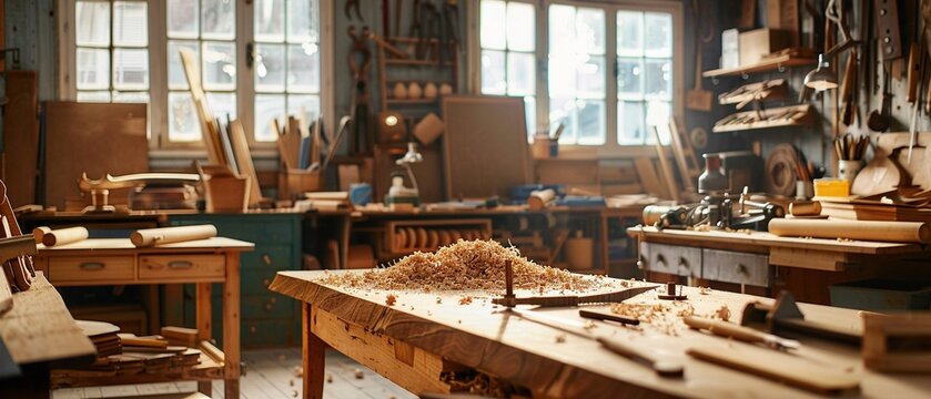 A woodworking workshop with handcrafted furniture in progress wood shavings
