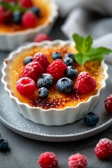 Creme brulee topped with fresh raspberries and blueberries elegant dessert setting. Close-up