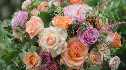 Assorted Pink and Peach Roses Bouquet in Lush Floral