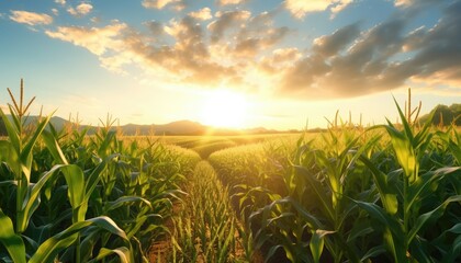 A sunset over a field of corn, with the sun low in the sky and casting a warm glow over the field.