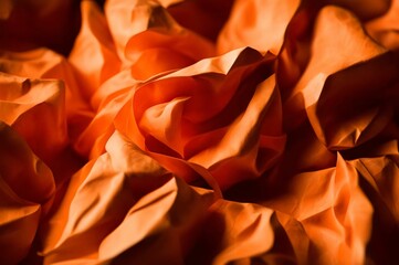 Naklejka premium Orange crumpled paper texture used for paper background texture in decorative art work. Orange silk crumpled fabric as an abstract background. Wallpaper background