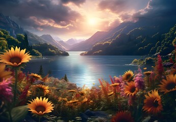 Sunflowers on a mountain lake with mountains in the background
