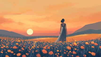 Woman Walking in a Vibrant Flower Field at Sunset Generative AI