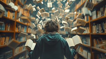 A person at a library with books floating around, visually representing enhanced concentration