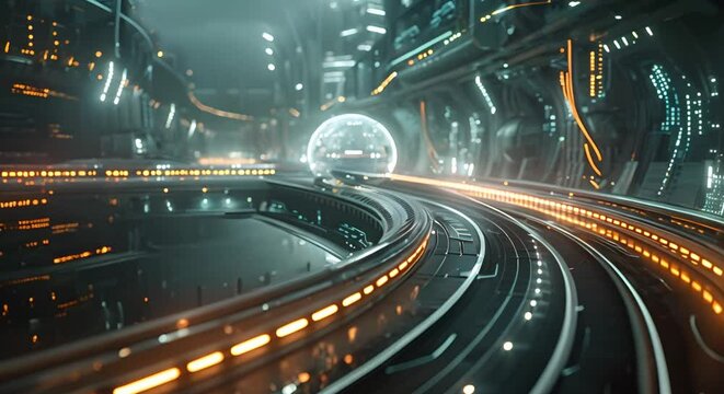 Cuttingedge magnetic levitation transport system in futuristic city with advanced infrastructure. Concept Future Technology, Urban Development, Transportation System, Magnetic Levitation