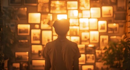 Person viewing glowing wall photos in dimly lit room filled with memories . Concept Nostalgic Vibes, Ambient Lighting, Wall Art Display, Cozy Atmosphere