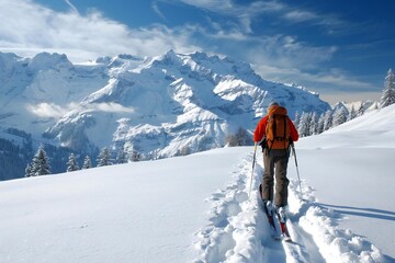 Excited skier in snow jacket celebrates success on mountain