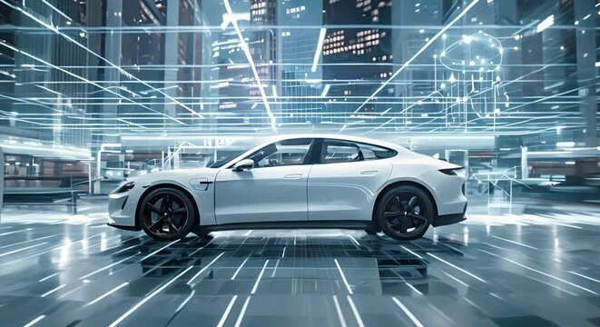 Electric car travels through digital world . Concept Electric Cars, Digital World, Technology, Innovation, Sustainable Transport