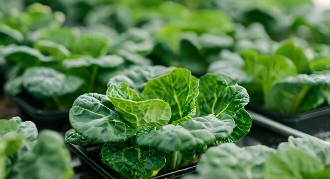 Hydroponic collards grown in a lab using genetic engineering for new traits. Concept Hydroponic Gardening, Genetic Engineering, Collard Greens, Sustainable Agriculture