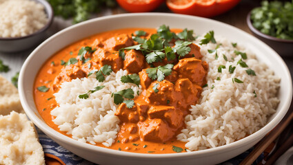 A plate of chicken tikka masala with rice.

