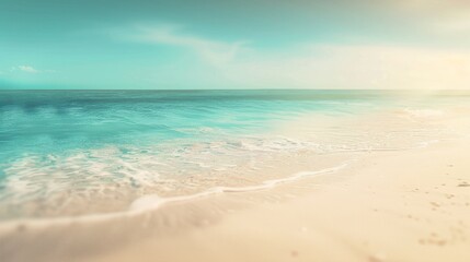 Blurry tropical beach with bokeh, sun light, waves, abstract background, copy and text space, 16:9