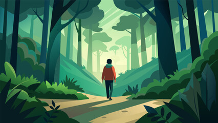 A person wandering through a dense forest enjoying the peacefulness and solitude of nature.. Vector illustration